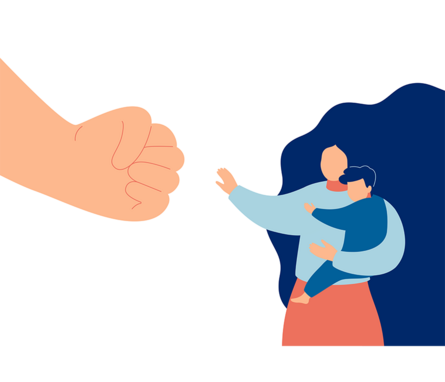 Illustration: Eine Frau mit einem Kind, die Angst vor einer Faust (von Gewalt) haben. 