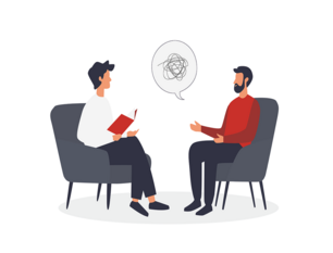 Illustration: Zwei Personen sitzen auf Stühlen und führen ein therapeutisches Gespräch.