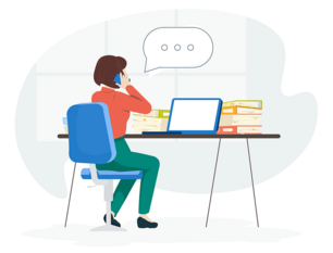 Illustration: Eine Frau sitzt am Schreibtisch am Laptop und telefoniert. 