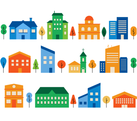Illustration: Mehrere verschiedene Häuser in unterschiedlichen Größen und Farben und eine Kirche. 