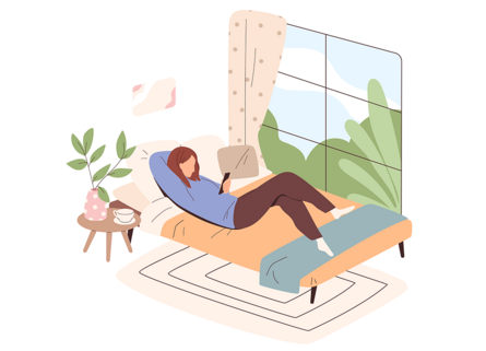 Illustration: Eine Frau liegt in ihrem Zimmer entspannt auf ihrem Bett.  