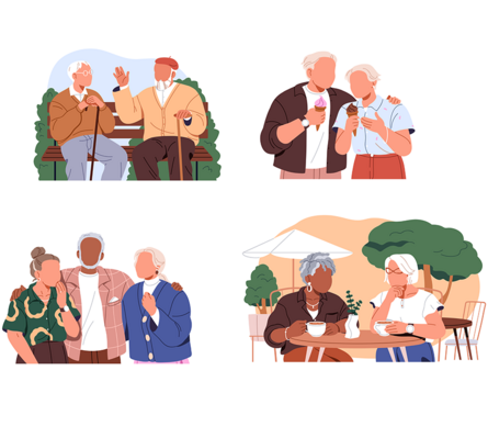 Illustrationen: Vier Bilder von älteren Personen: zwei ältere Personen im Park, zwei ältere Personen beim Eis essen, drei ältere Personen gemeinsam, zwei ältere Frauen beim Kaffee trinken.