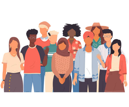 Illustration: Eine Gruppe von Personen mit verschiedenen kulturellen Hintergründen. 