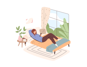 Illustration: Eine Frau liegt in ihrem Zimmer entspannt auf ihrem Bett.  