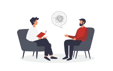 Illustration: Zwei Personen sitzen auf Stühlen und führen ein therapeutisches Gespräch.