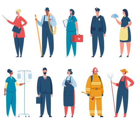 Illustration: Personen mit verschiedenen Berufen, Ärztin, Polizist, Feuerwehrmann, Lehrerin, Krankenpflegerin.