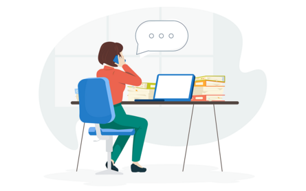 Illustration: Eine Frau sitzt am Schreibtisch am Laptop und telefoniert.