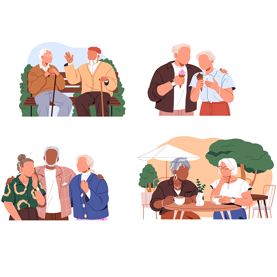 Illustrationen: Vier Bilder von älteren Personen: zwei ältere Personen im Park, zwei ältere Personen beim Eis essen, drei ältere Personen gemeinsam, zwei ältere Frauen beim Kaffee trinken.