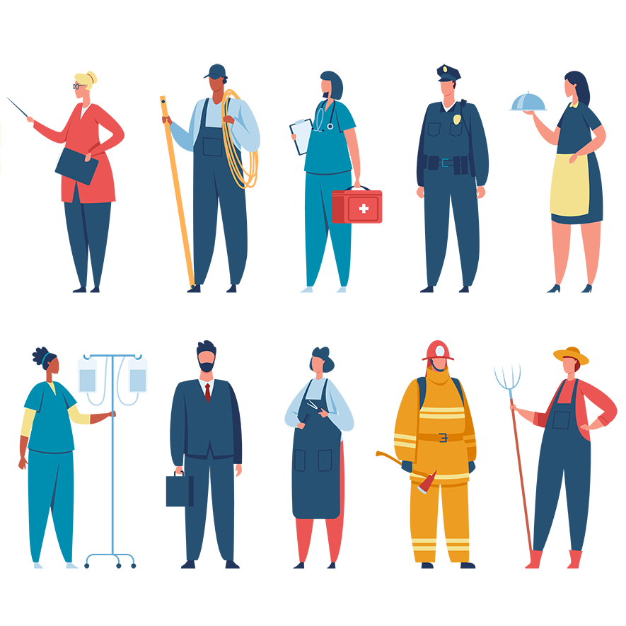 Illustration: Personen mit verschiedenen Berufen, Ärztin, Polizist, Feuerwehrmann, Lehrerin, Krankenpflegerin.