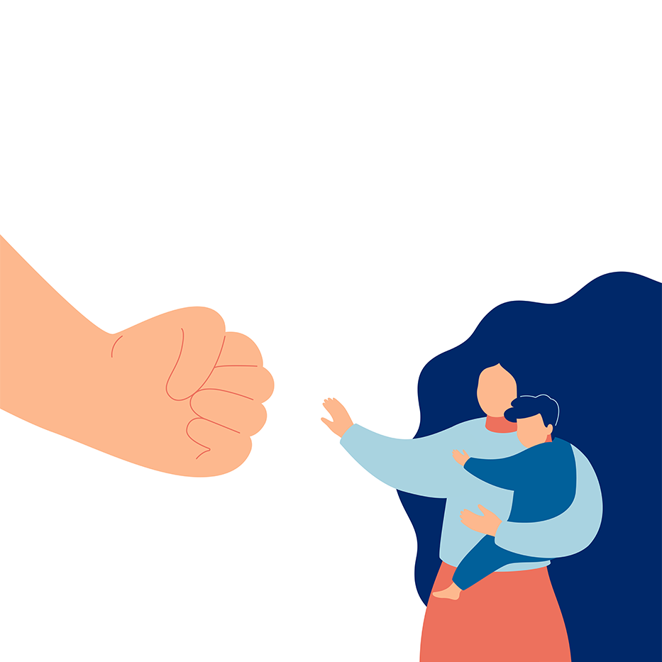 Illustration: Eine Frau mit einem Kind, die Angst vor einer Faust (von Gewalt) haben. 
