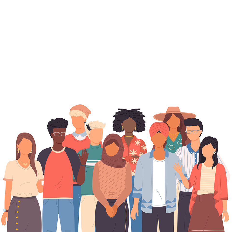 Illustration: Eine Gruppe von Personen mit verschiedenen kulturellen Hintergründen. 