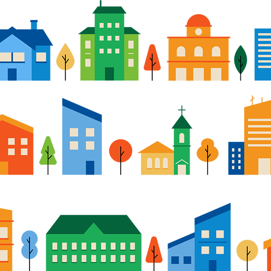 Illustration: Mehrere verschiedene Häuser in unterschiedlichen Größen und Farben und eine Kirche.